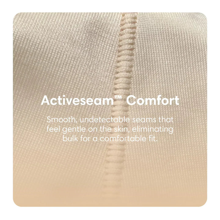 Close-up of Activeseam stitching on smooth, beige compression garment fabric for comfort.