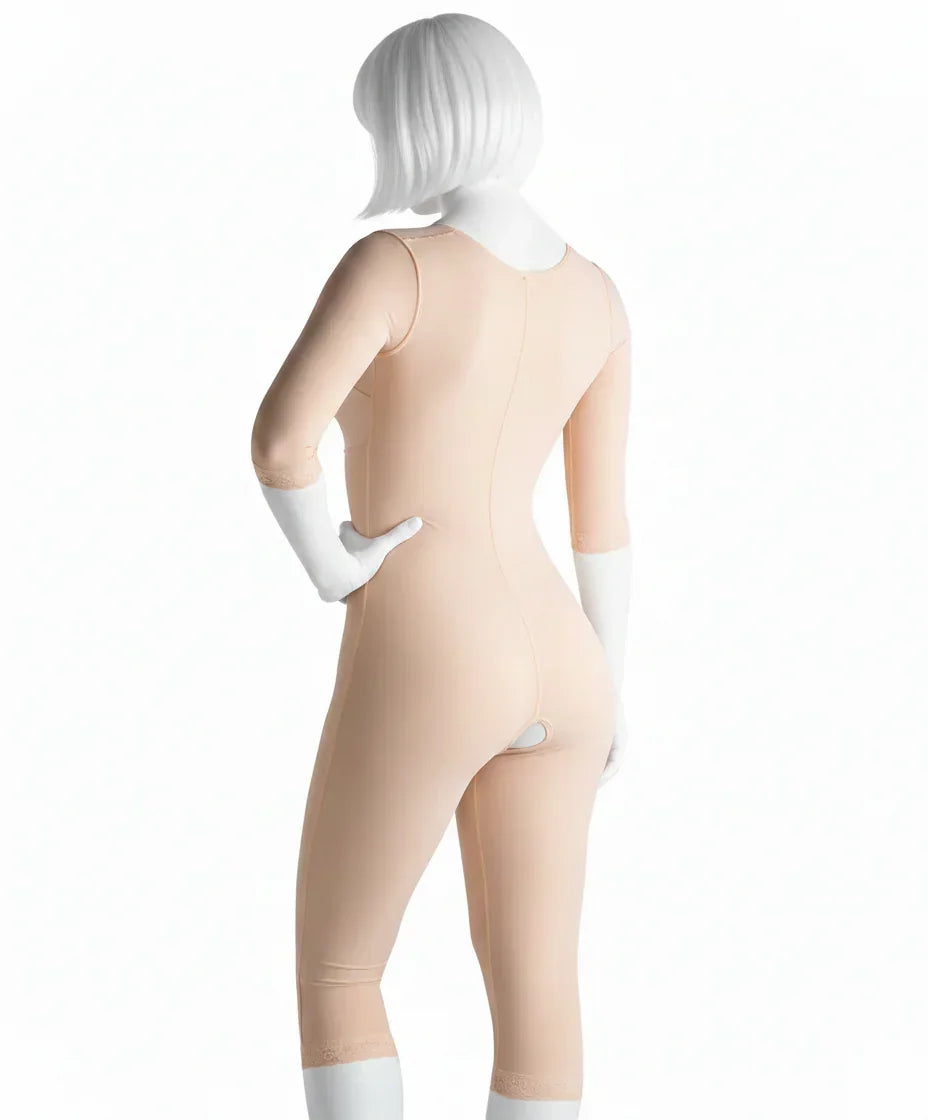 Back view of a mannequin wearing a beige full-body medical compression garment with open crotch.