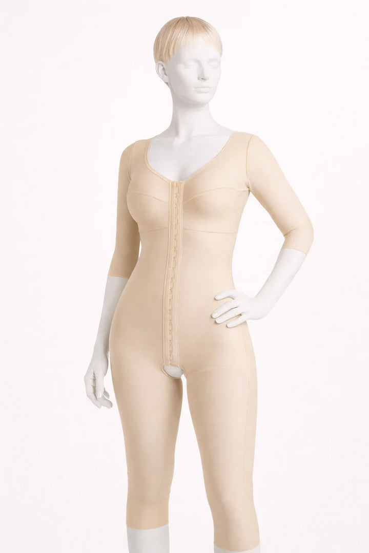 BB09BK compression garment, full body suit with sleeves, beige, front view on mannequin