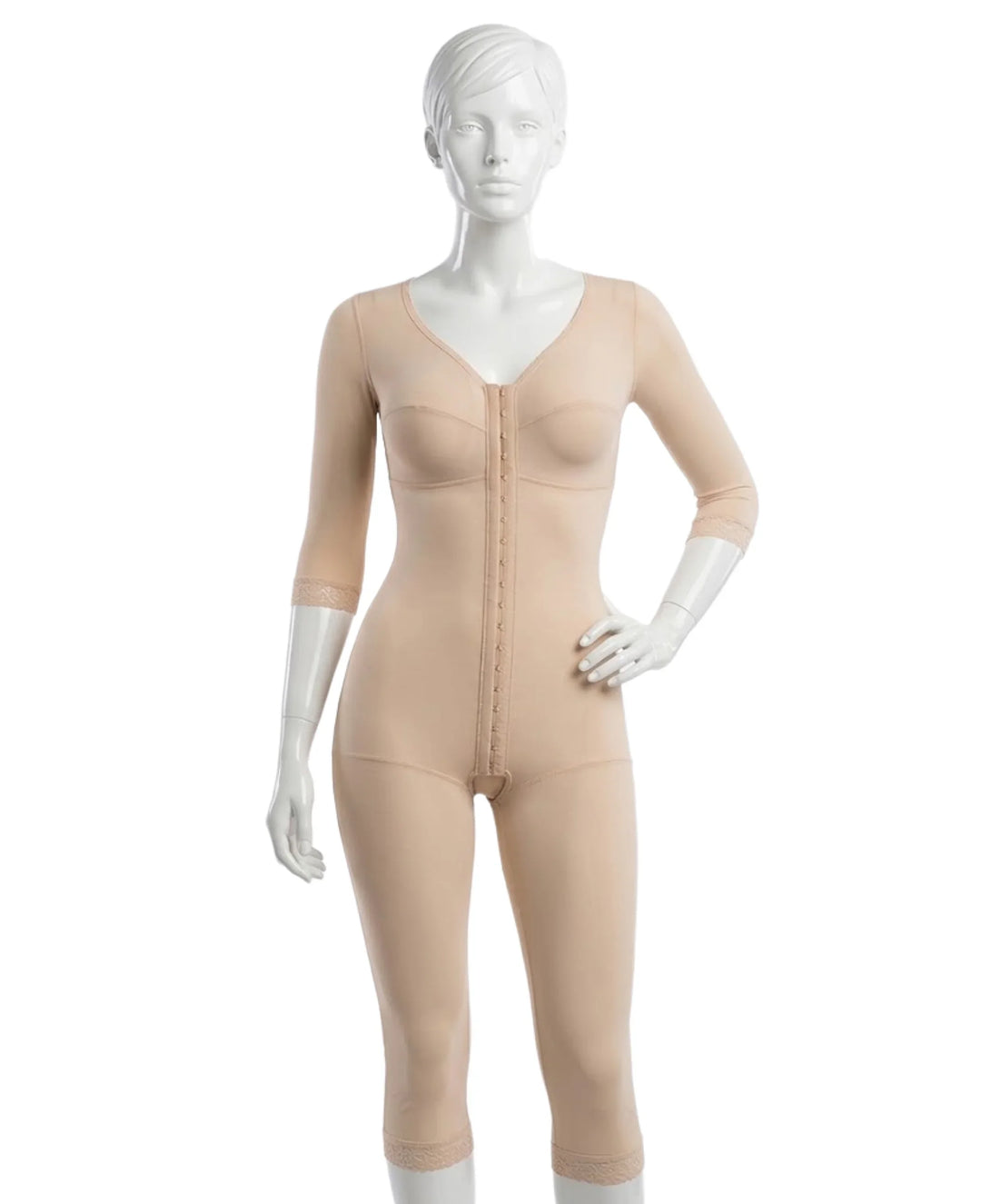 Full-body beige compression garment with front hook closure on a mannequin.