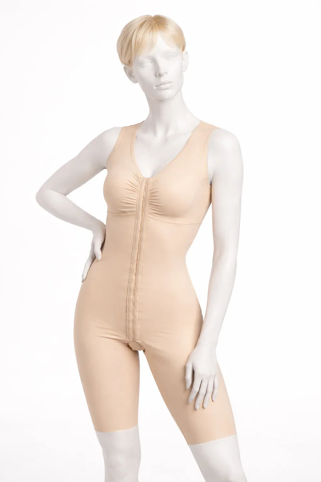 BB09NS medium-length beige compression bodysuit with front hooks, modeled on mannequin