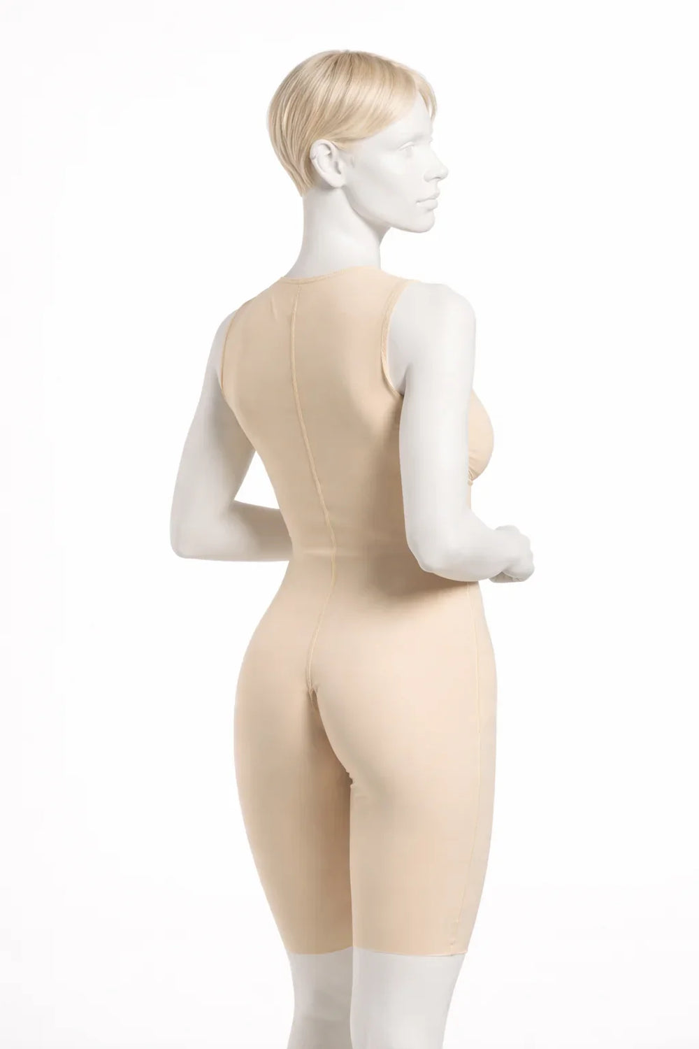 Sleeveless beige compression bodysuit, back view on mannequin