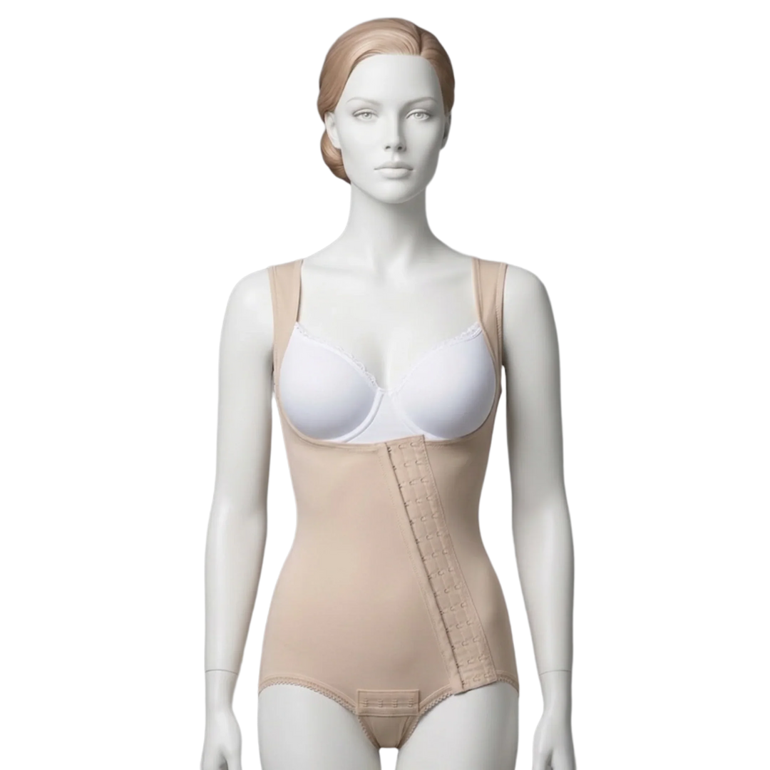 Mannequin wearing beige compression body shaper garment with hook-and-eye closure