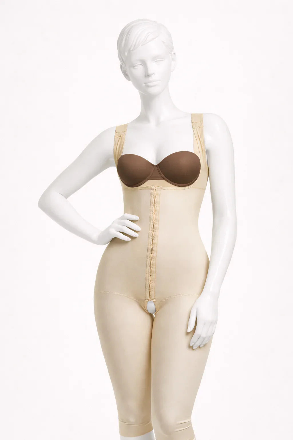 BE13BK mid-thigh compression garment with straps in beige on mannequin