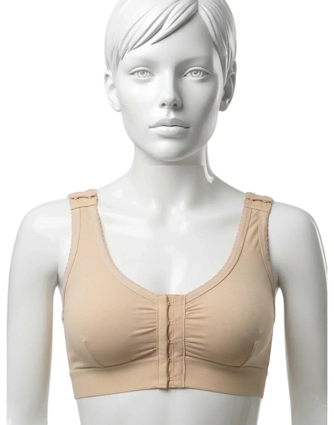 Beige front-closure compression bra on mannequin for post-surgery support and recovery