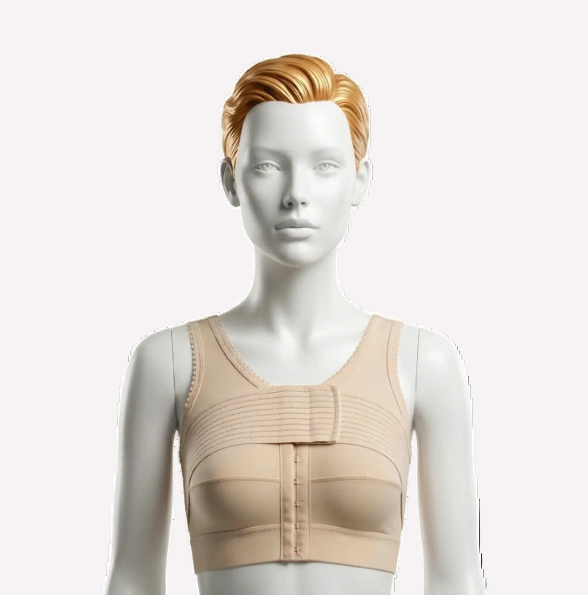 Beige compression bra on mannequin, front closure, post-surgery recovery support garment