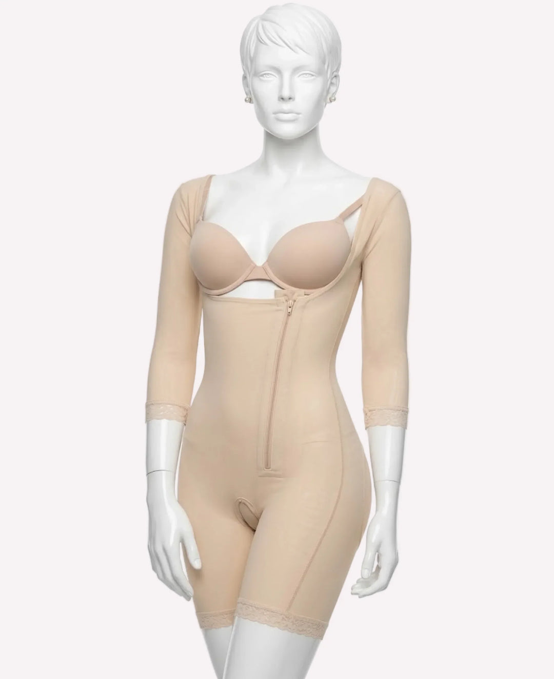Beige shapewear bodysuit on a mannequin against a white background