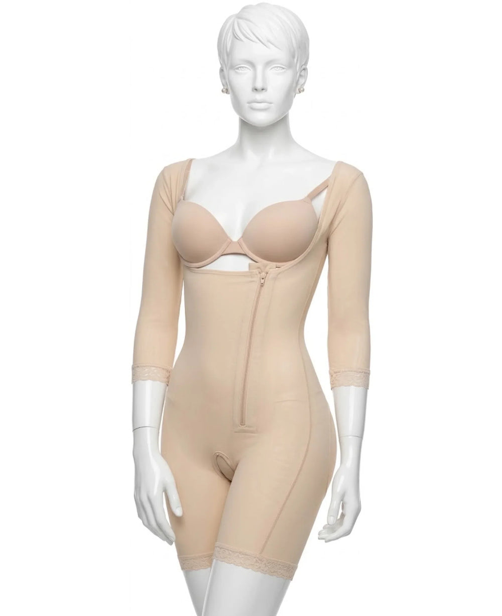 Beige full-body compression garment with zipper on mannequin, three-quarter sleeves, knee-length
