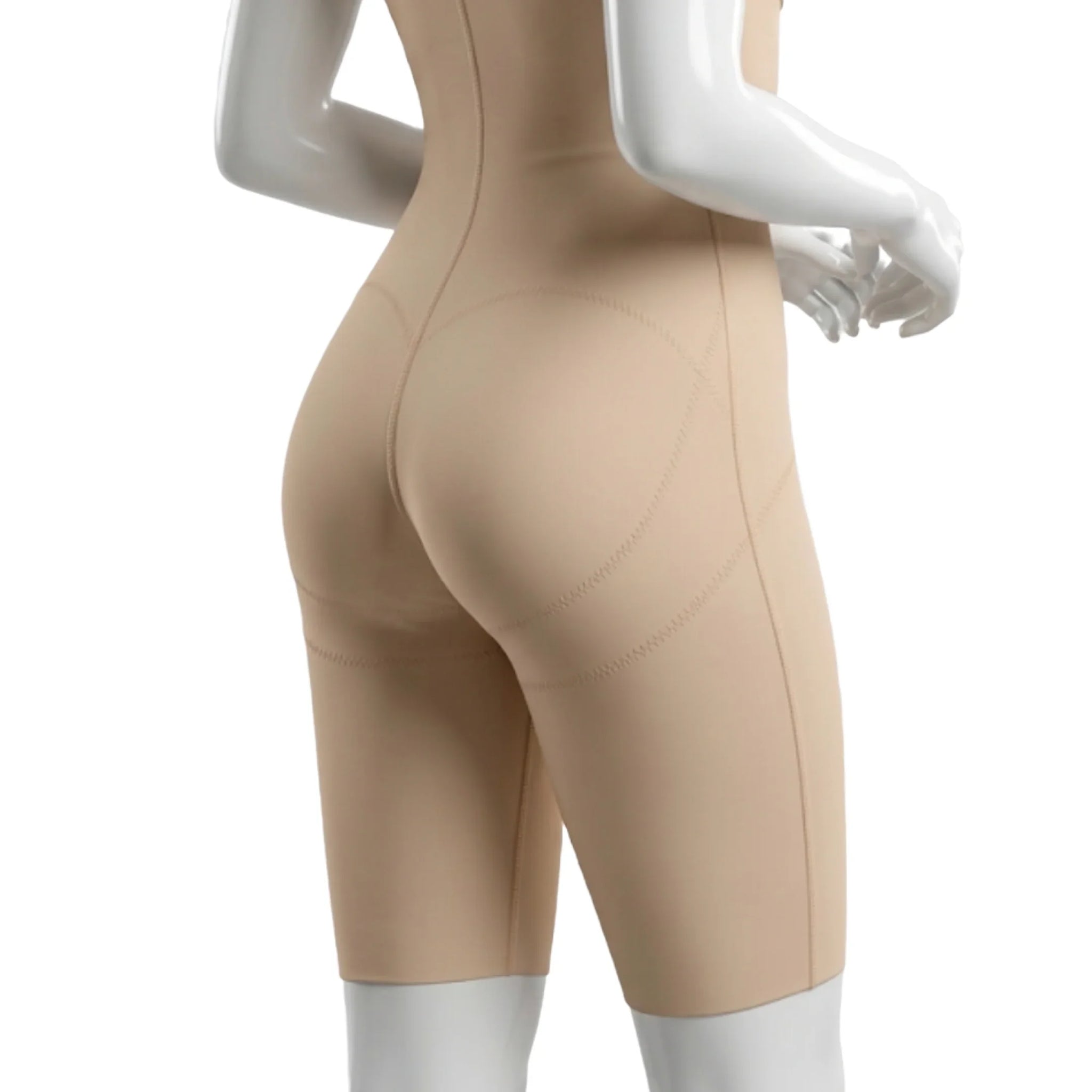 Beige compression garment shorts on mannequin, medical recovery wear back view
