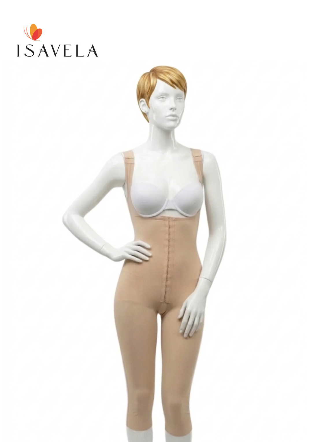 Mannequin wearing a beige shapewear garment with 'ISAVELA' branding on a white background.