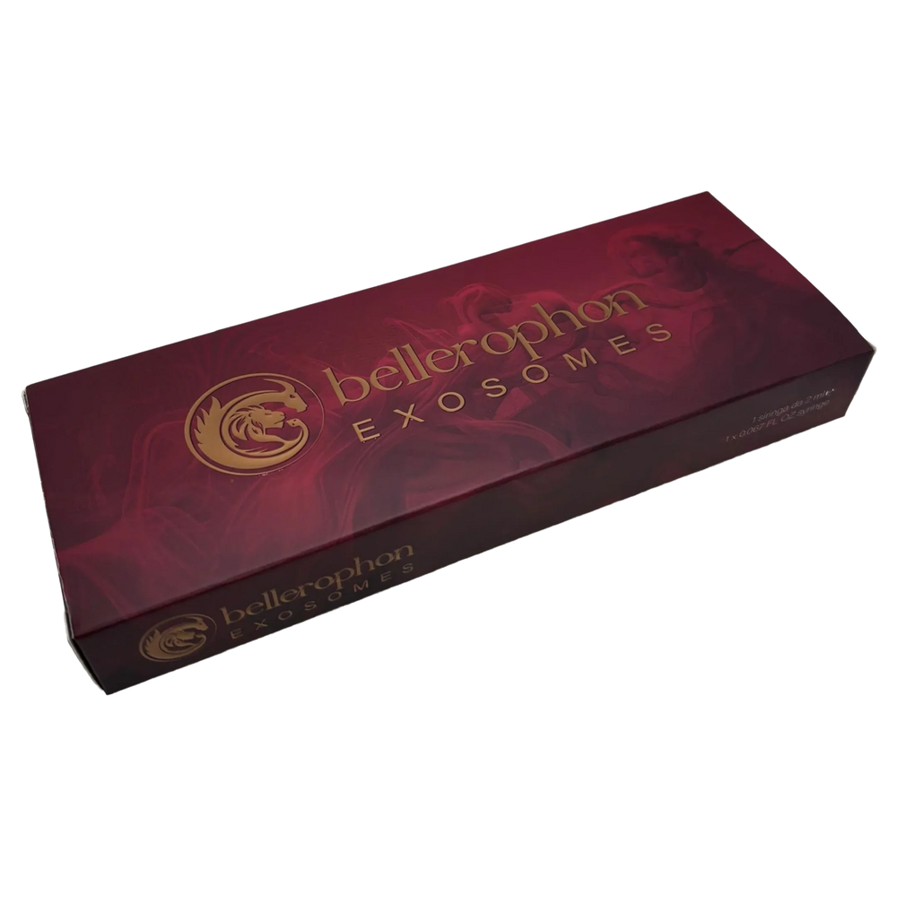 Bellerophon Exosomes product box with gold logo and text on a red background