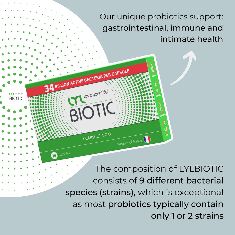 LYL Biotic supplement package with text about its health benefits on a light gray background