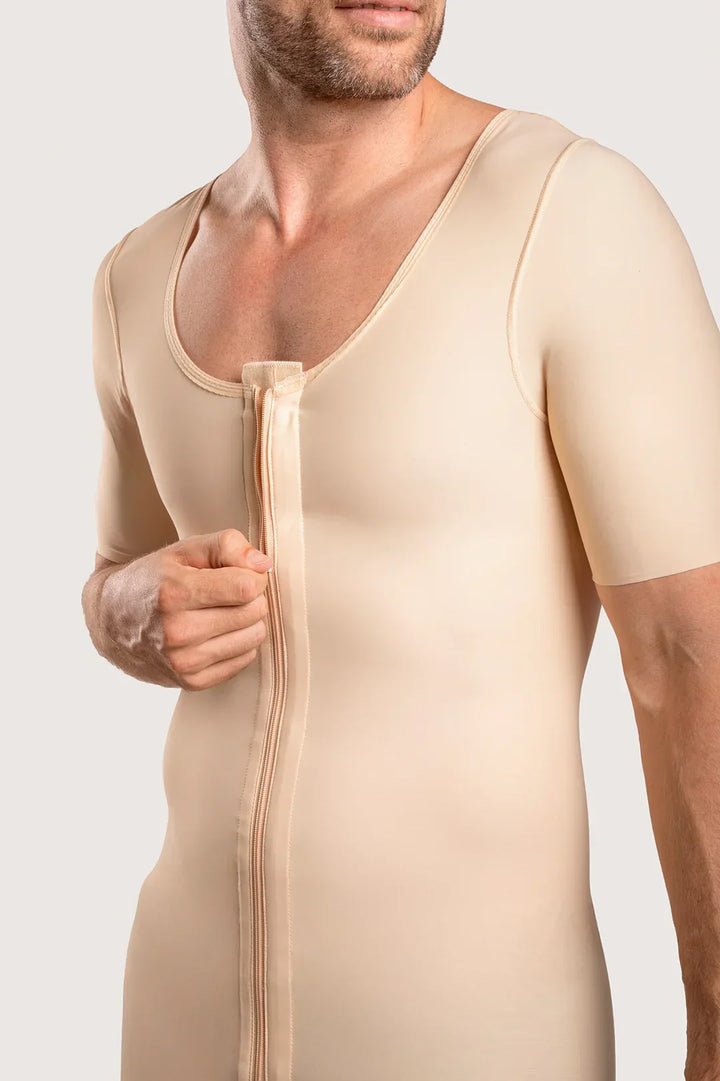 MG075 male compression garment with front zipper, short sleeves, nude color