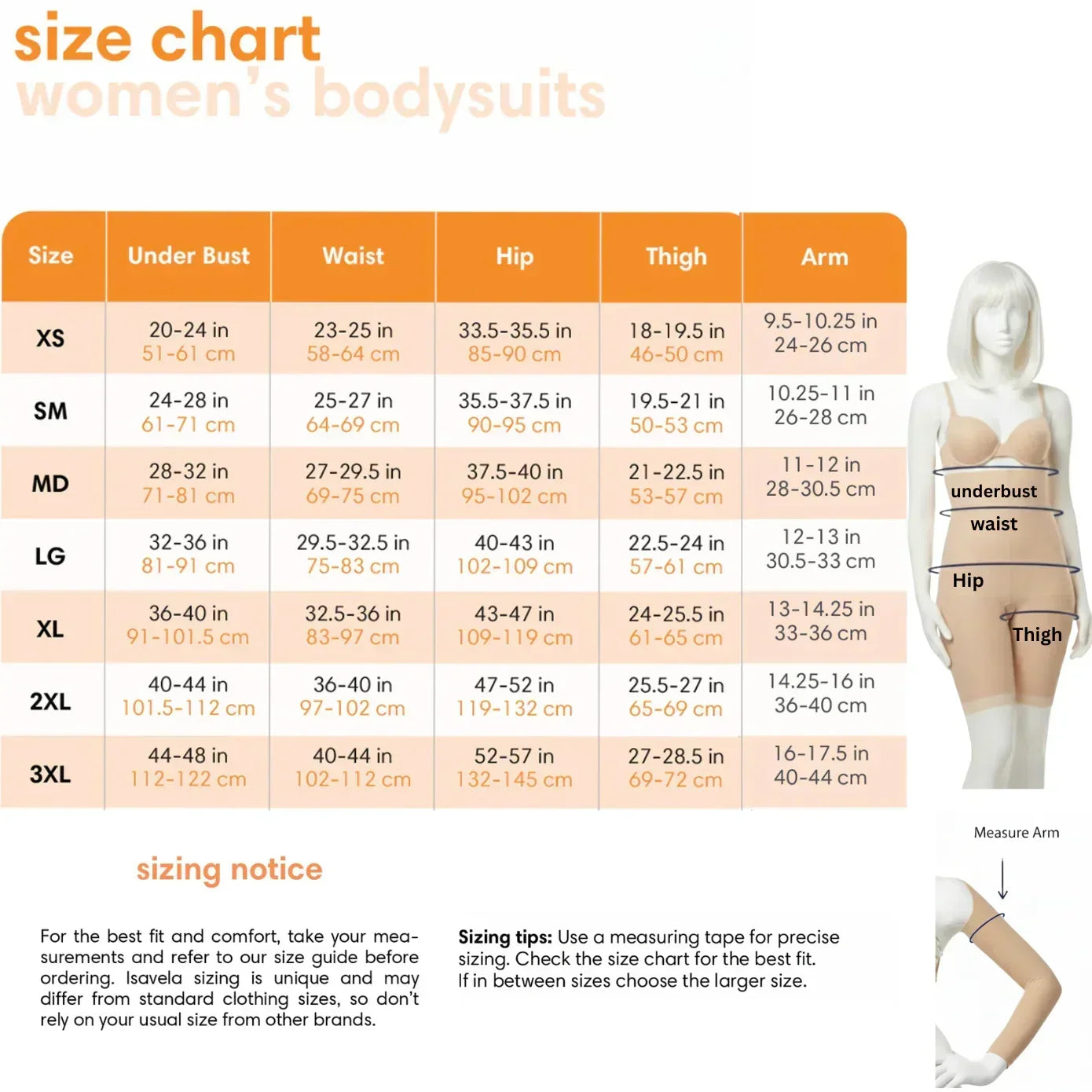Women's bodysuits size chart with measurements for under bust, waist, hip, thigh, and arm.
