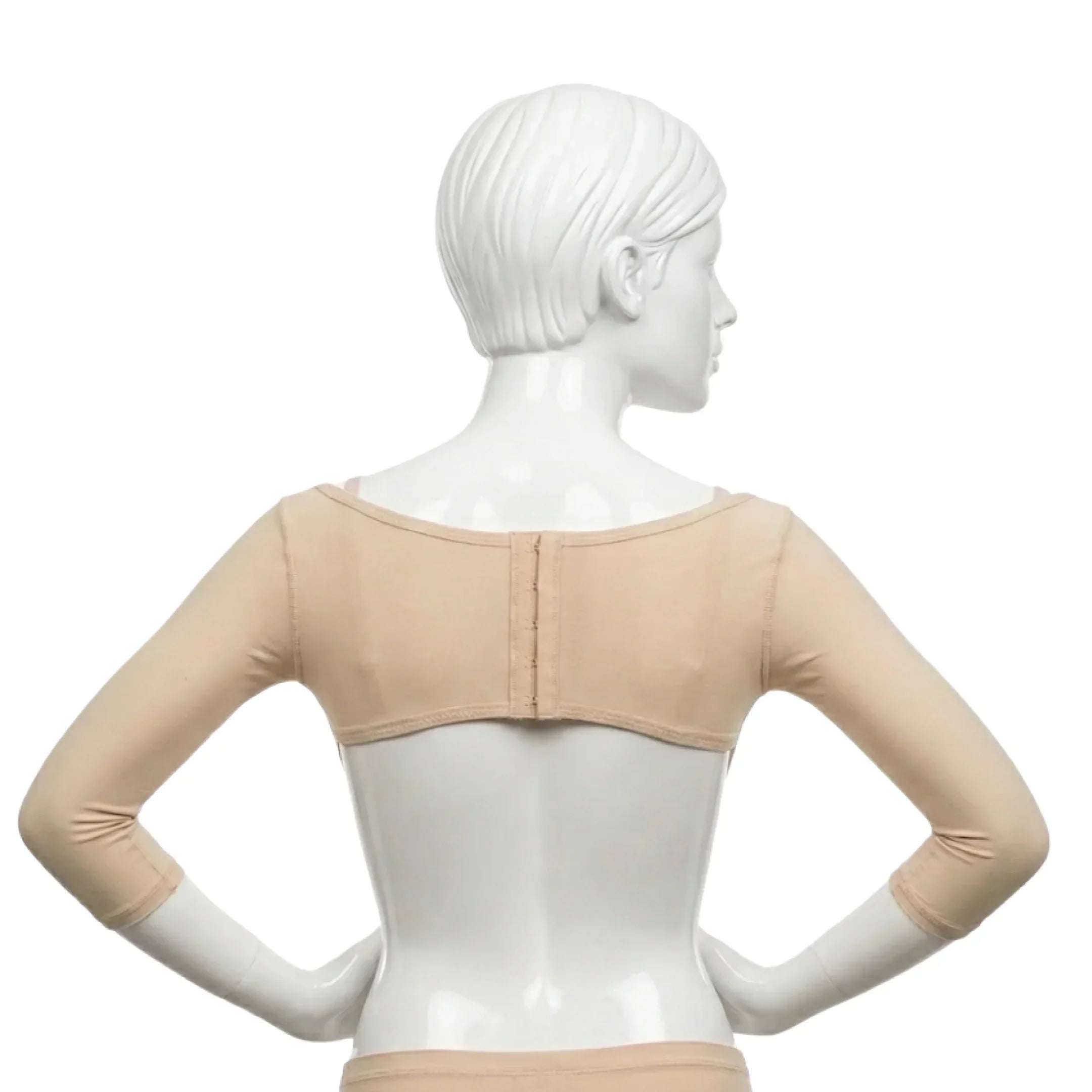 Beige compression arm sleeve garment on mannequin, three-quarter length sleeves, back view