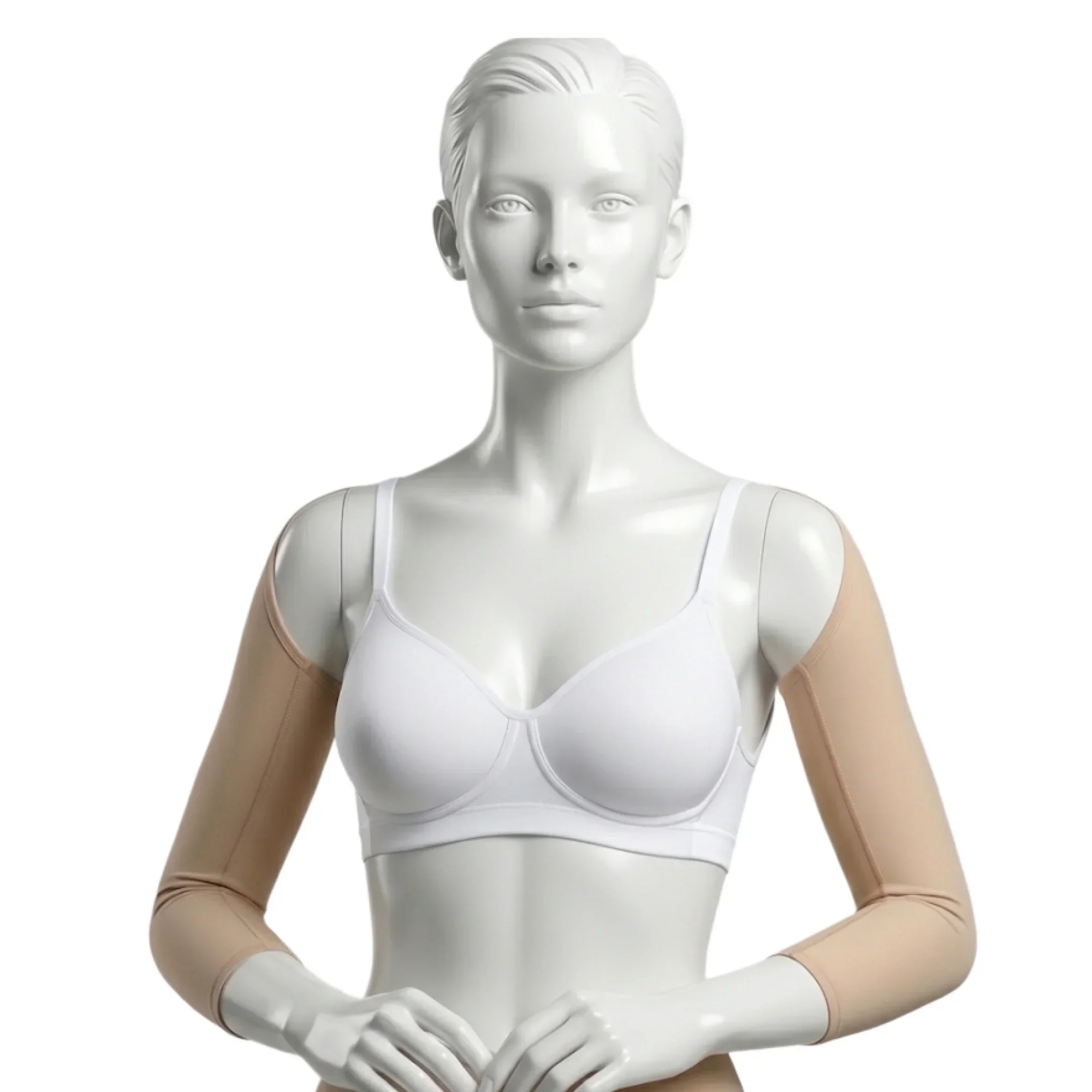 Medium compression arm sleeves in beige on mannequin, medical support garment