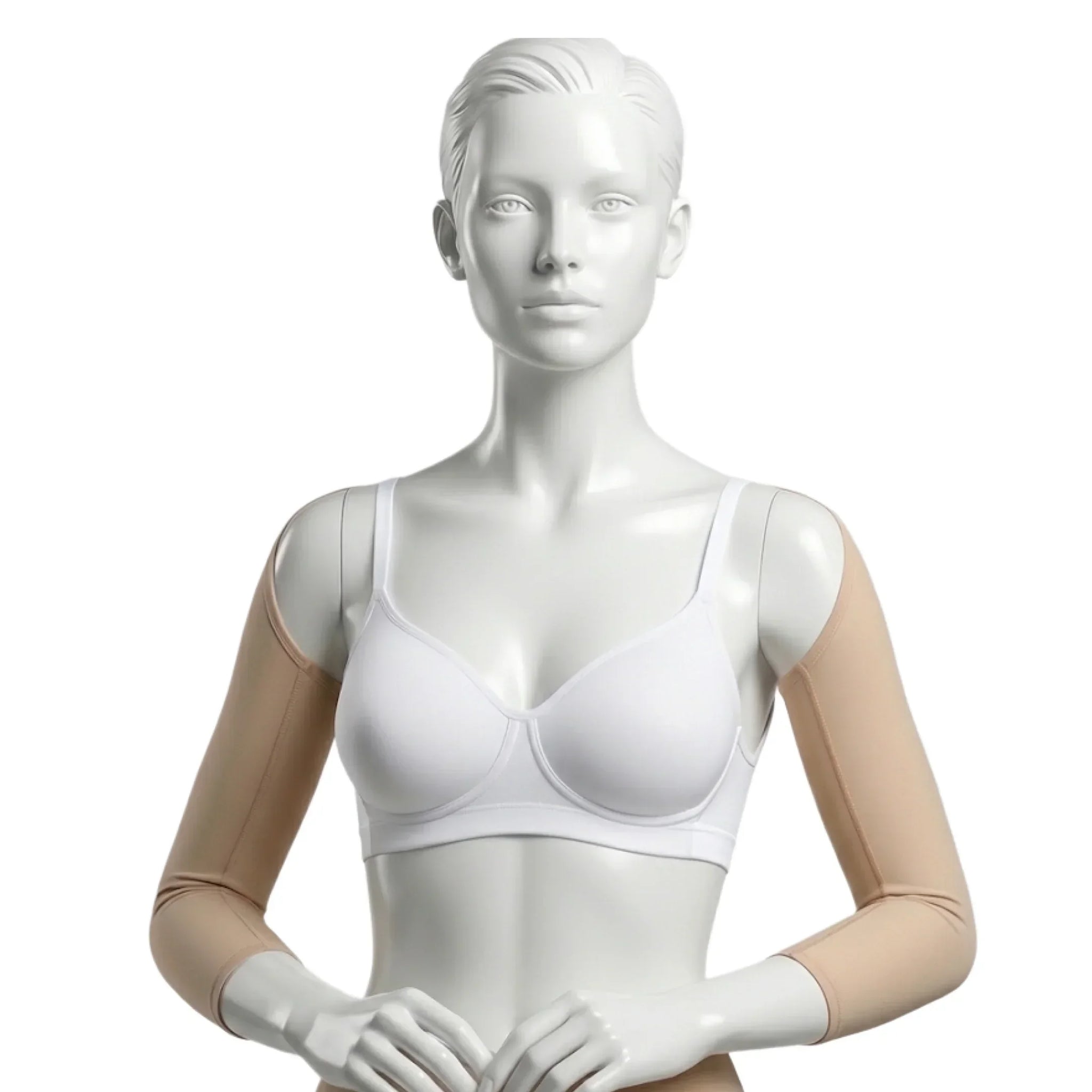 Medium compression arm sleeves in beige on mannequin, medical support garment