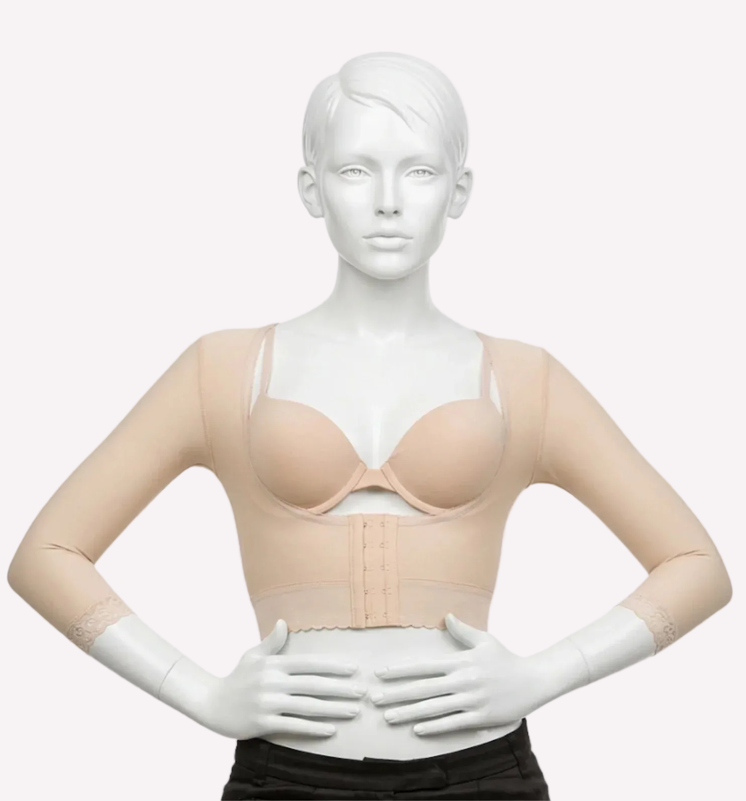 Post surgical arm compression garment with long sleeves, nude color, front hook closure