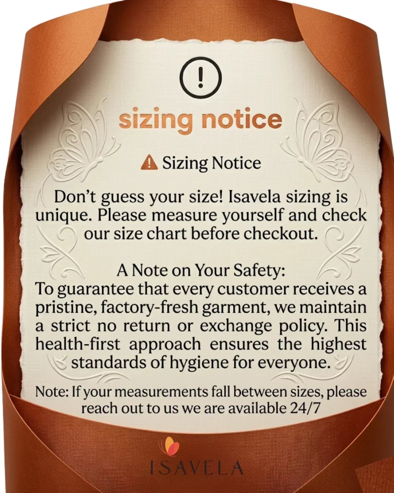 Sizing notice for compression garments, check size chart, no returns for hygiene reasons.