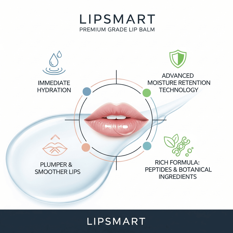 Graphic illustrating LIPSMART hydrating lip balm benefits: immediate hydration, moisture retention, plumper lips, and rich formula.