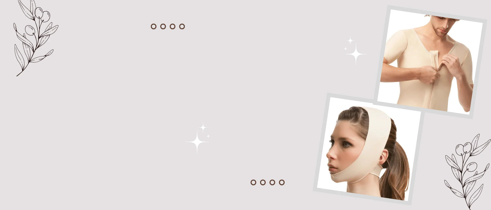 Medical compression garments for face and body, neutral background, recovery support.