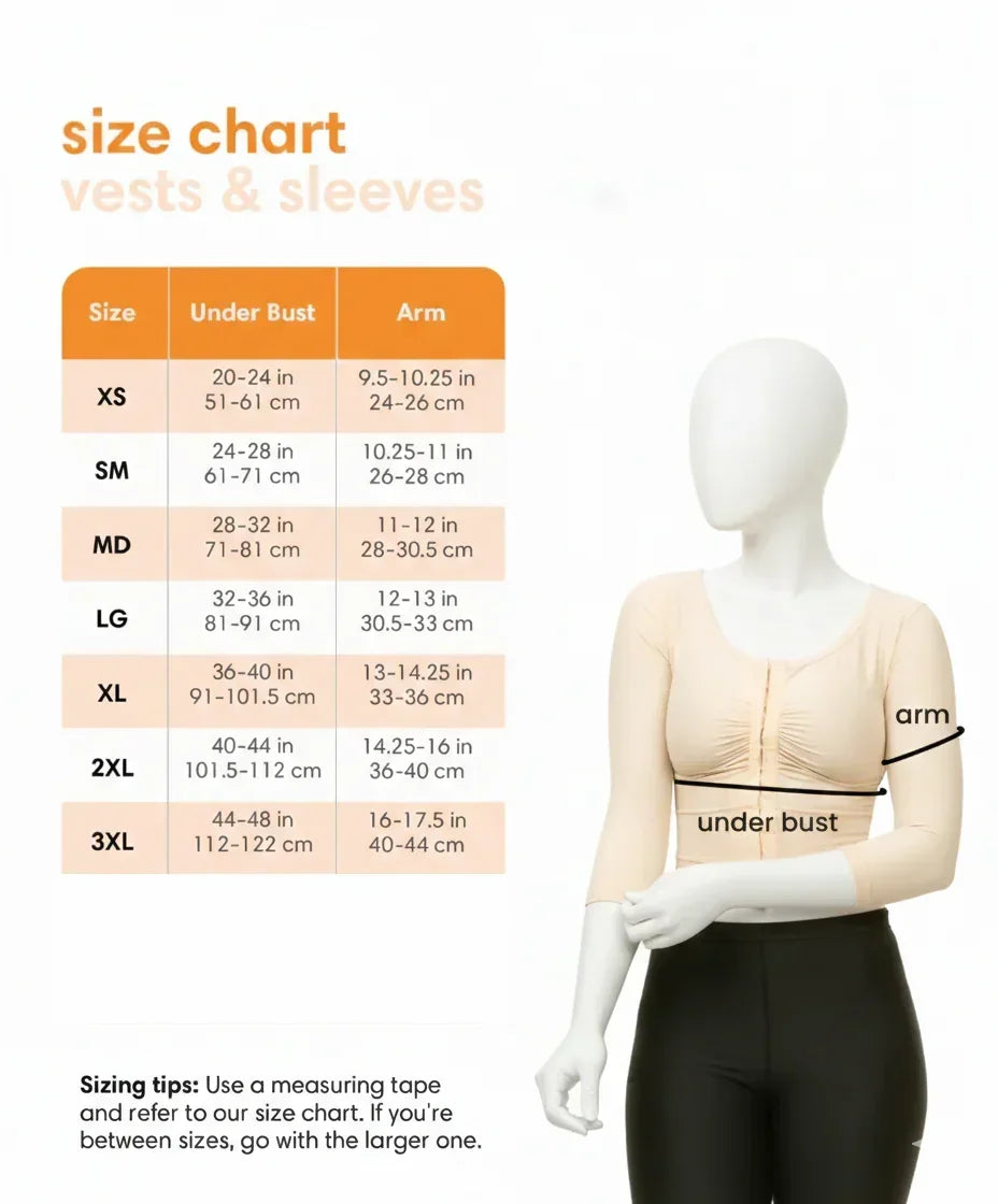 Female size chart for vests and sleeves, showing under bust and arm measurement guide.