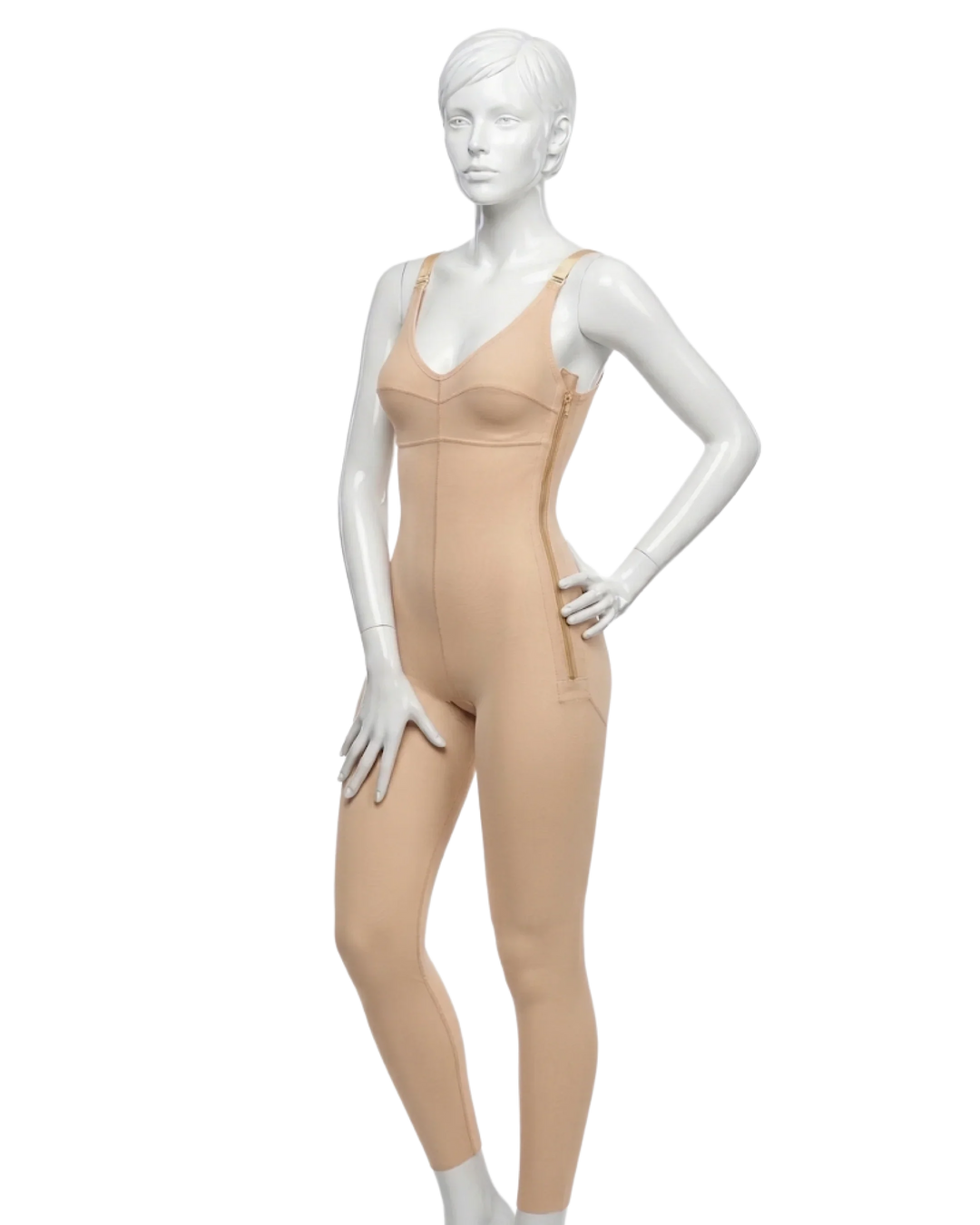 Beige full-body compression garment with adjustable straps on mannequin for recovery support