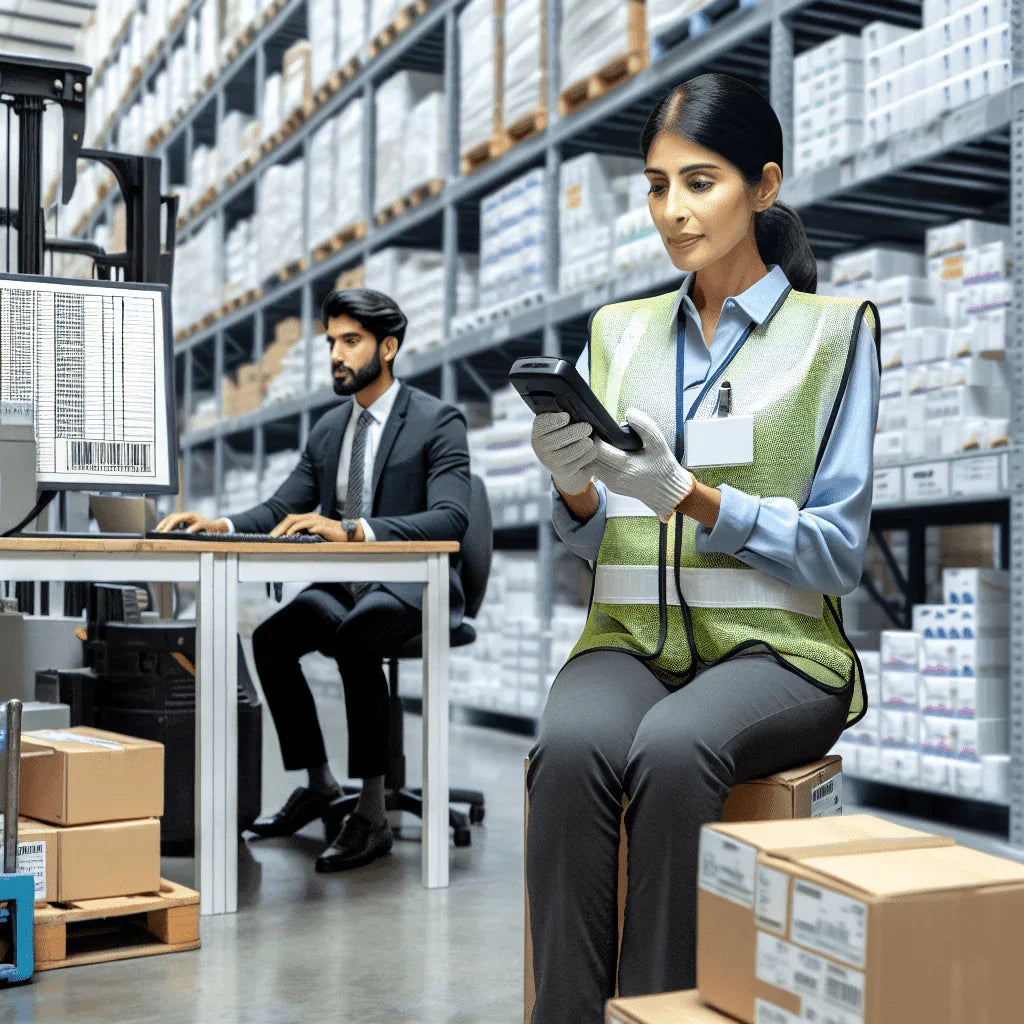 Warehouse staff managing medical equipment inventory with barcode scanner and computer