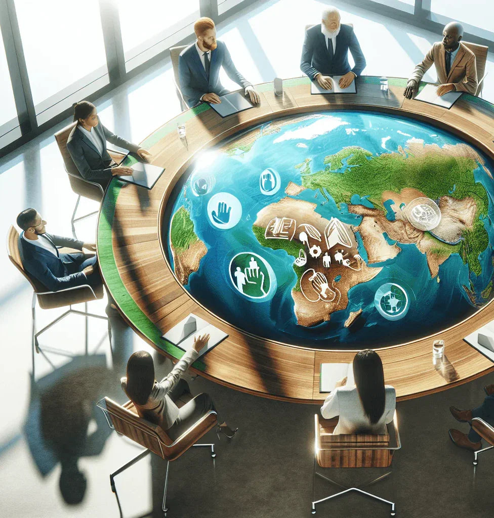 Diverse business team meeting around round table with global map and medical icons