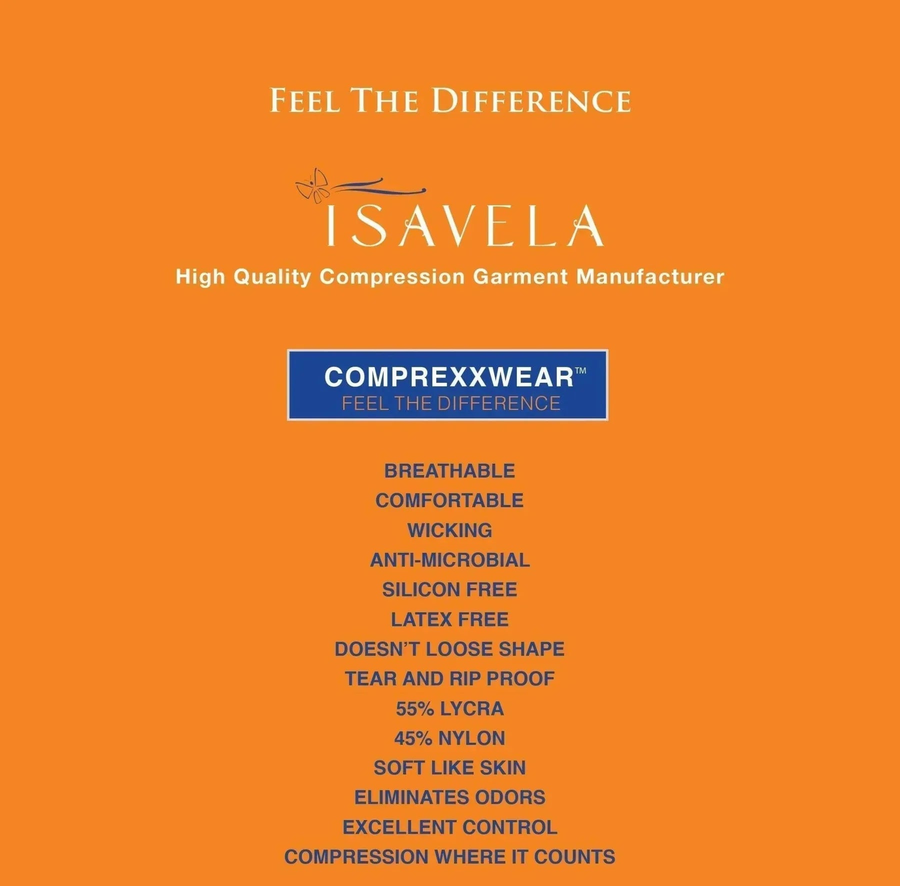 Isavela comfortable compression vest features and material details on orange background