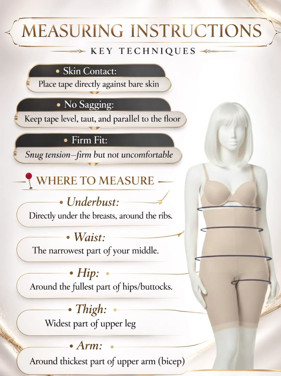 Measuring instructions for compression garments with mannequin showing underbust, waist, hip, thigh, and arm measurement locations.