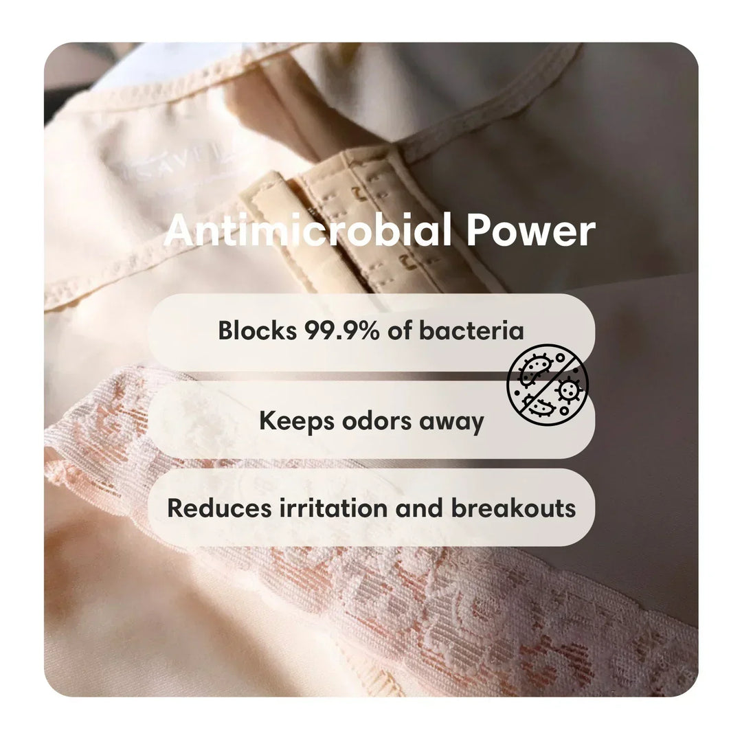 Beige antimicrobial compression garment with lace, highlighting bacteria blocking and odor control benefits