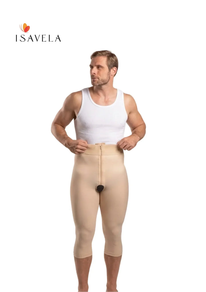 MG09BK Isavela men’s below knee compression garment with zipper, beige, front view