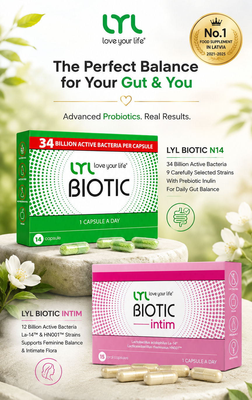 Promotional graphic for LYL Biotic probiotic supplements, showing two product boxes (green LYL Biotic and pink LYL Biotic Intim) on a white background with flowers, plus informational text and icons.