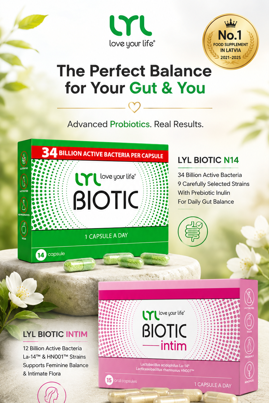 Promotional graphic for LYL Biotic probiotic supplements, showing two product boxes (green LYL Biotic and pink LYL Biotic Intim) on a white background with flowers, plus informational text and icons.